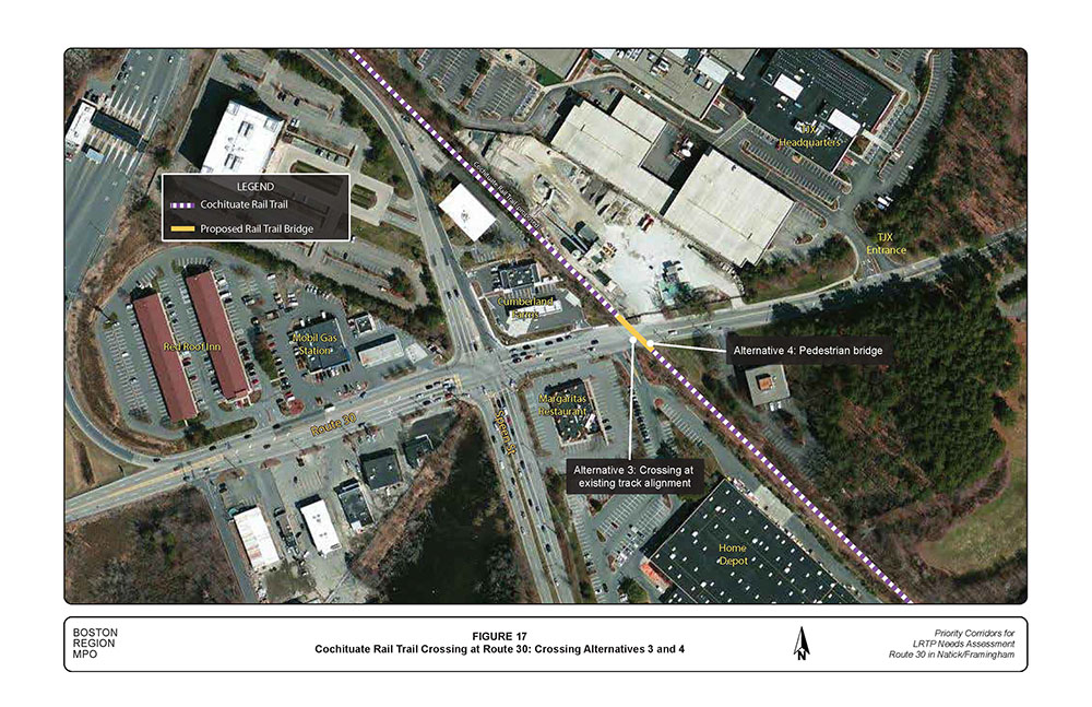 FIGURE 17. Aerial-view map that illustrates the Cochituate Rail Trail crossing at “Alternative 3” (the existing track alignment), and at “Alternative 4” (a pedestrian bridge).
